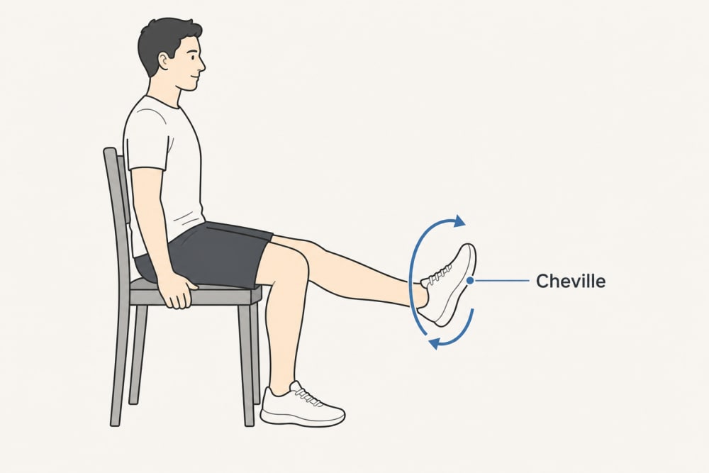 Schéma de la rotation de cheville en position assise : jambe tendue, cercle fléché indiquant la mobilisation de la cheville dans les deux sens