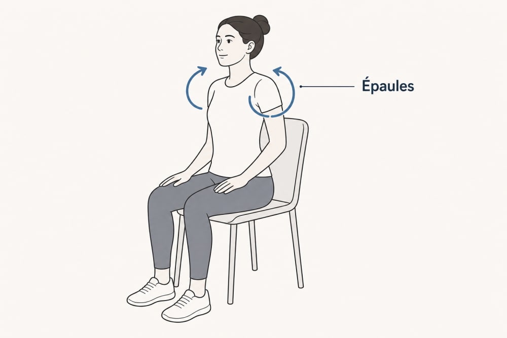 Schéma de la rotation des épaules en position assise : cercles fléchés indiquant le roulement des deux épaules vers l'arrière