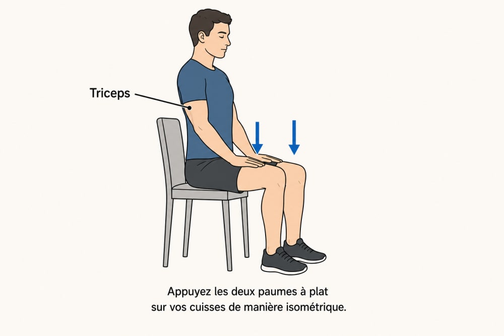 Schéma de la pression des paumes vers le bas en position assise : mains à plat sur les cuisses, exercice isométrique des triceps