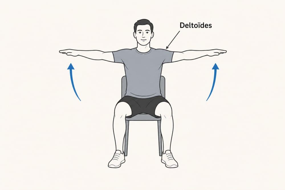 Schéma de l'élévation latérale des bras en position assise : bras levés à la hauteur des épaules sur les côtés, deltoïdes sollicités