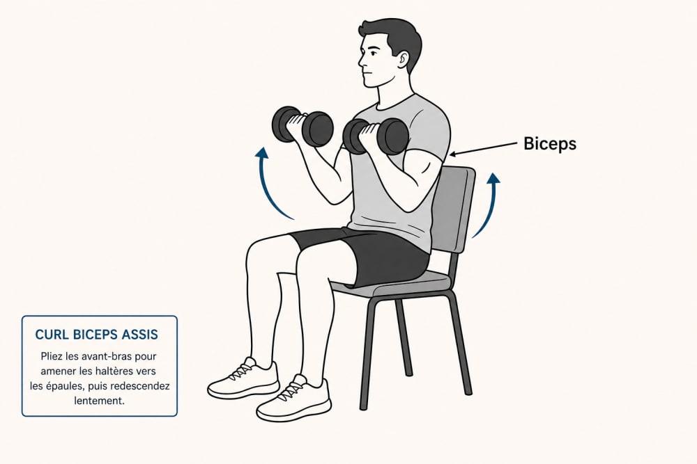 Schéma de la flexion des coudes en position assise : avant-bras qui montent vers les épaules en curl, biceps sollicités