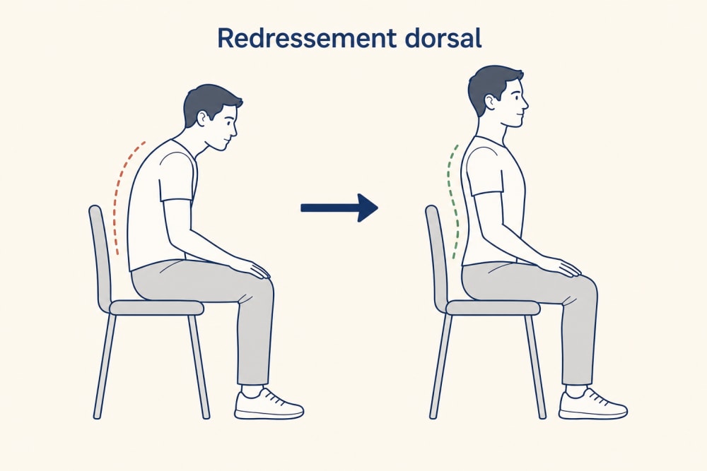Schéma du redressement dorsal en position assise : dos voûté à gauche, dos redressé et poitrine ouverte à droite, flèche de progression