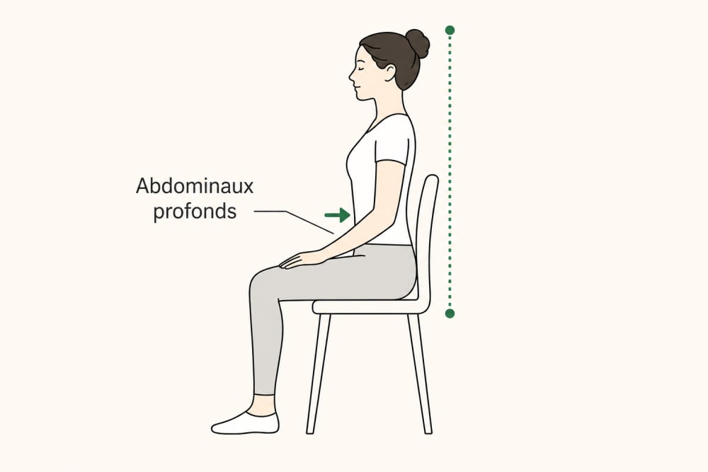 Schéma du gainage assis en position assise : ventre rentré doucement vers la colonne, abdominaux profonds sollicités