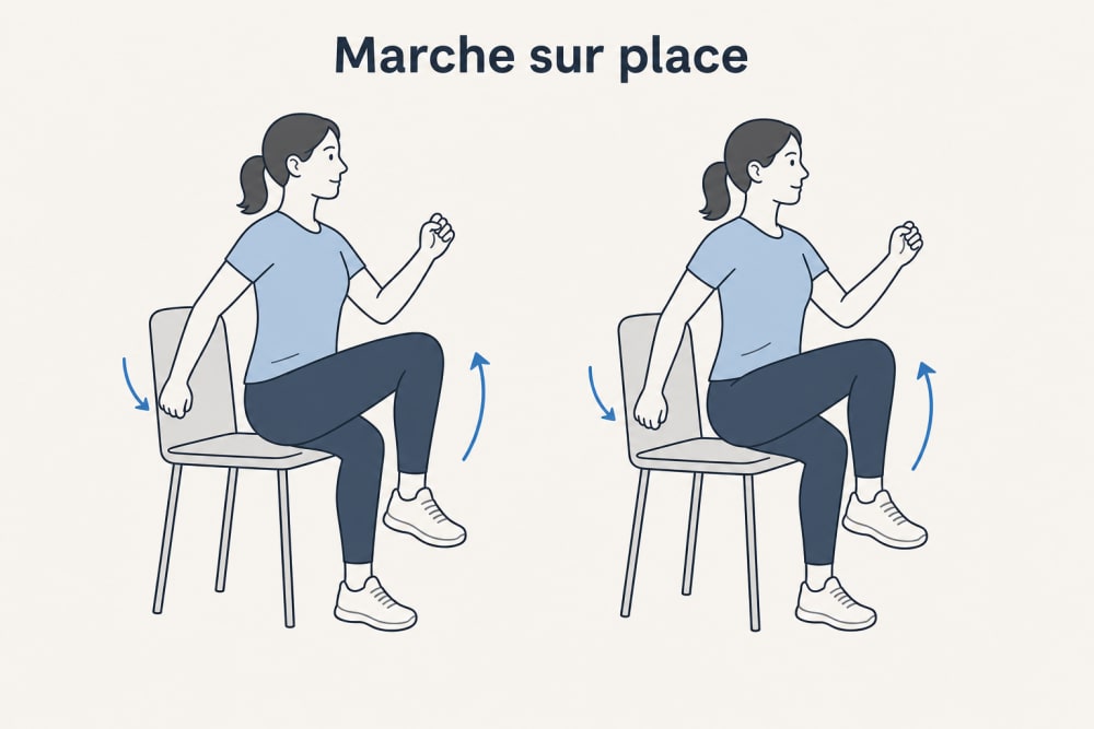 Schéma de la marche sur place en position assise : genoux qui montent alternativement, bras en balancement opposé, flèches de mouvement