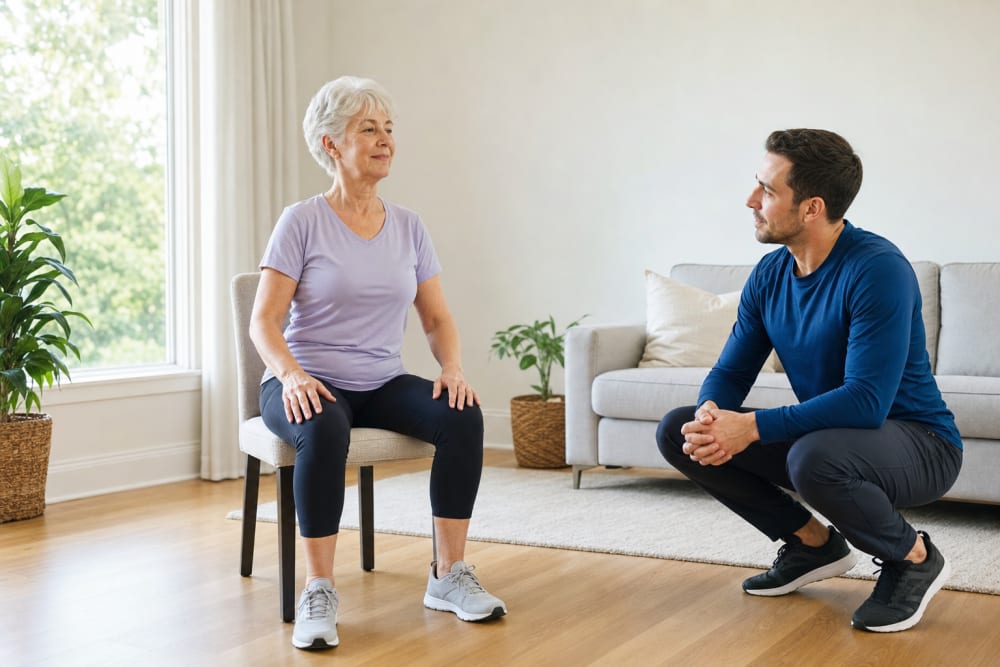 Une femme d'une soixantaine d'années réalise un exercice d'étirement assis dans un salon lumineux, un enseignant APA accroupi à ses côtés pour l'accompagner
