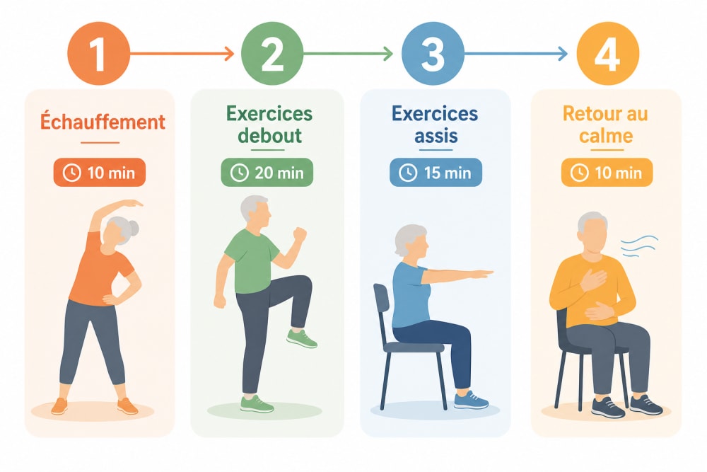 Infographie du déroulé d'une séance de gym douce à domicile : 4 étapes de l'échauffement au retour au calme