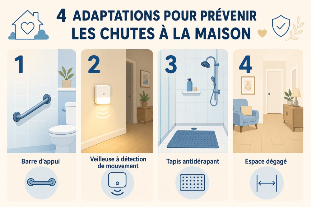 Infographie illustrant quatre adaptations clés du domicile pour prévenir les chutes : barre d'appui, veilleuse, tapis antidérapant et passages dégagés