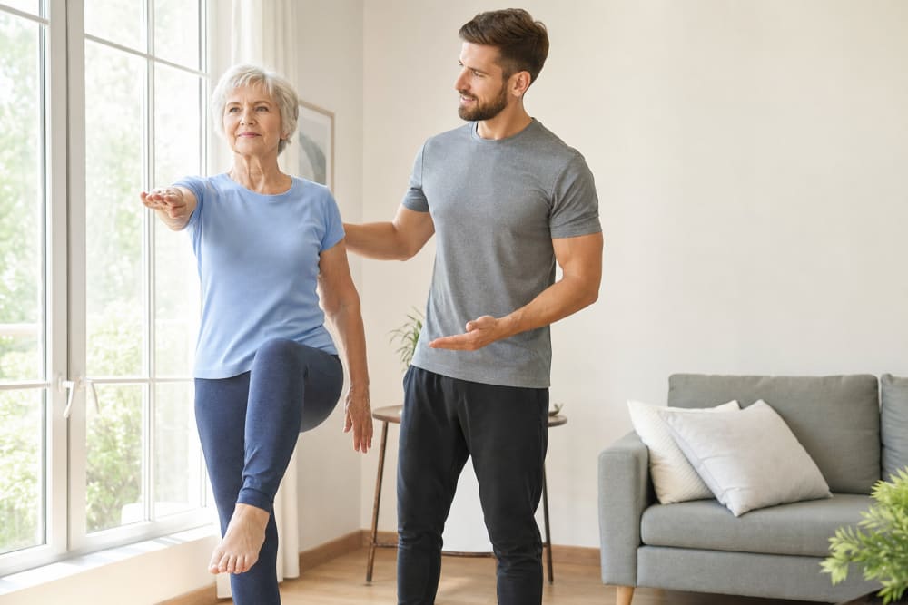 Femme de 68 ans réalisant un exercice d'équilibre debout chez elle, accompagnée par un enseignant APA dans un salon lumineux
