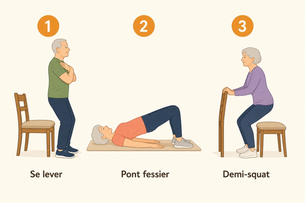 Schéma illustrant trois exercices de renforcement en gym douce : lever de chaise, pont fessier et demi-squat avec appui