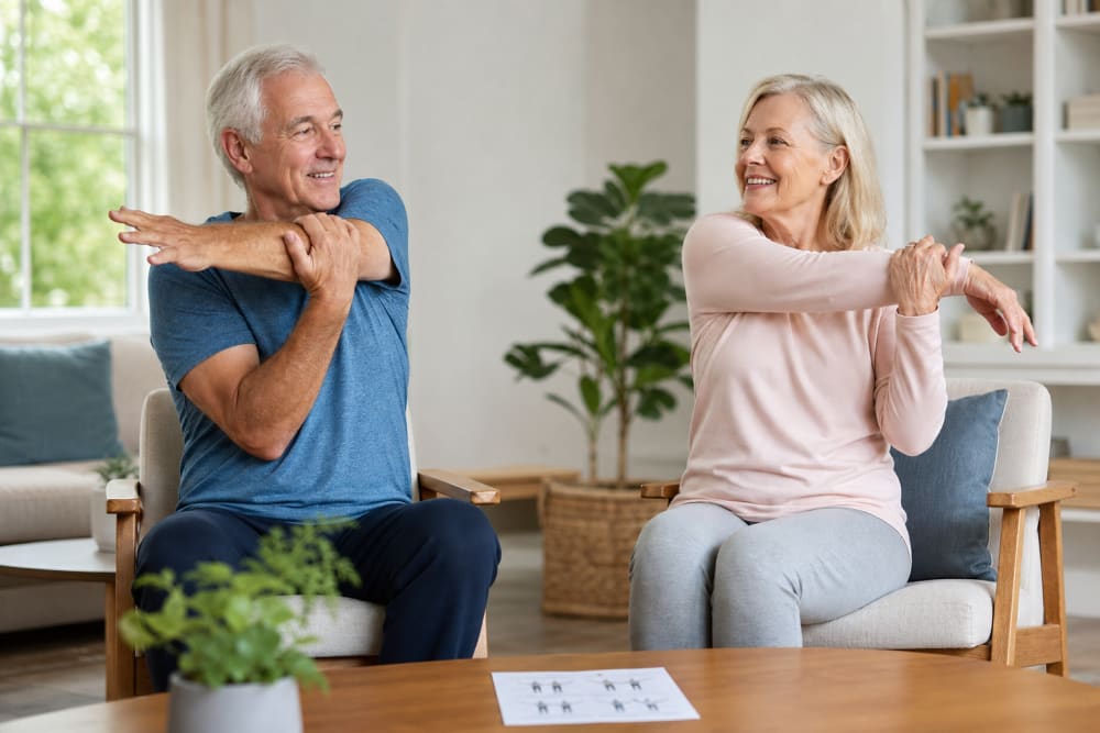 Un homme et une femme d'une soixantaine d'années font ensemble des exercices de gym douce assis sur des chaises dans leur salon lumineux