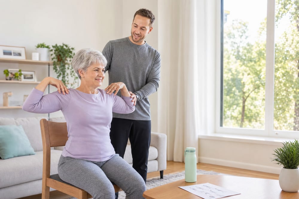 Une femme d'une soixantaine d'années réalise des exercices de gym douce assise sur une chaise dans son salon, guidée par un coach VitaliHome à domicile