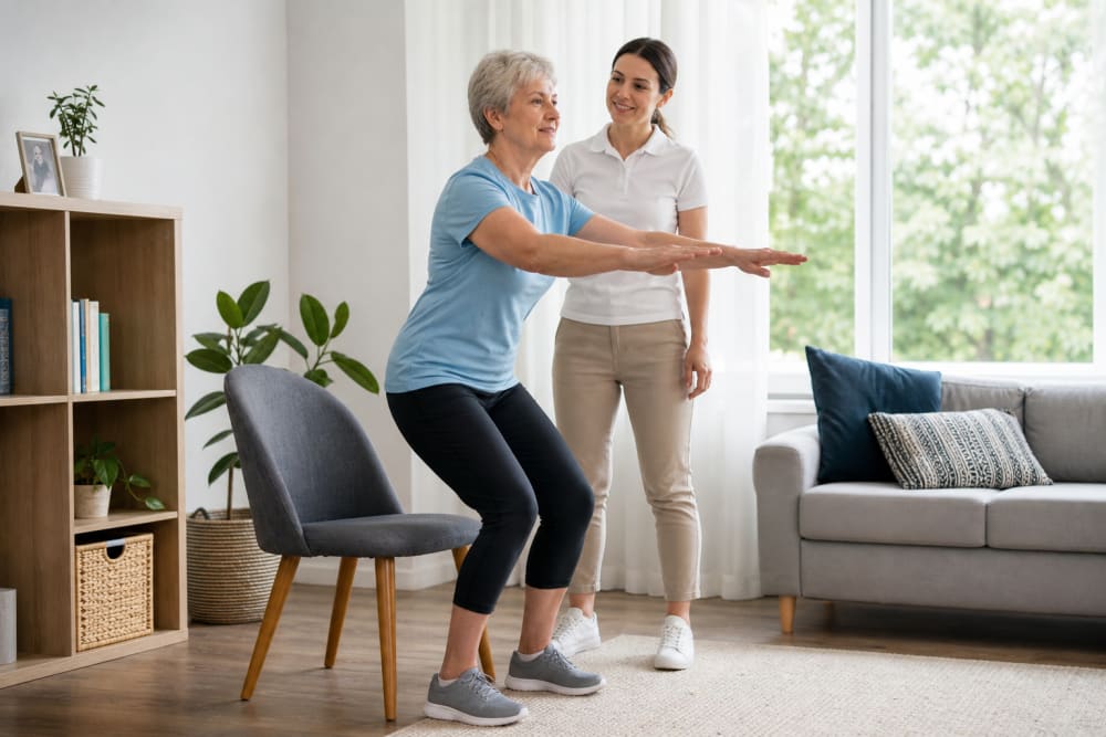 Adulte de 60 ans réalisant un lever de chaise sous la supervision d'un coach APA à domicile