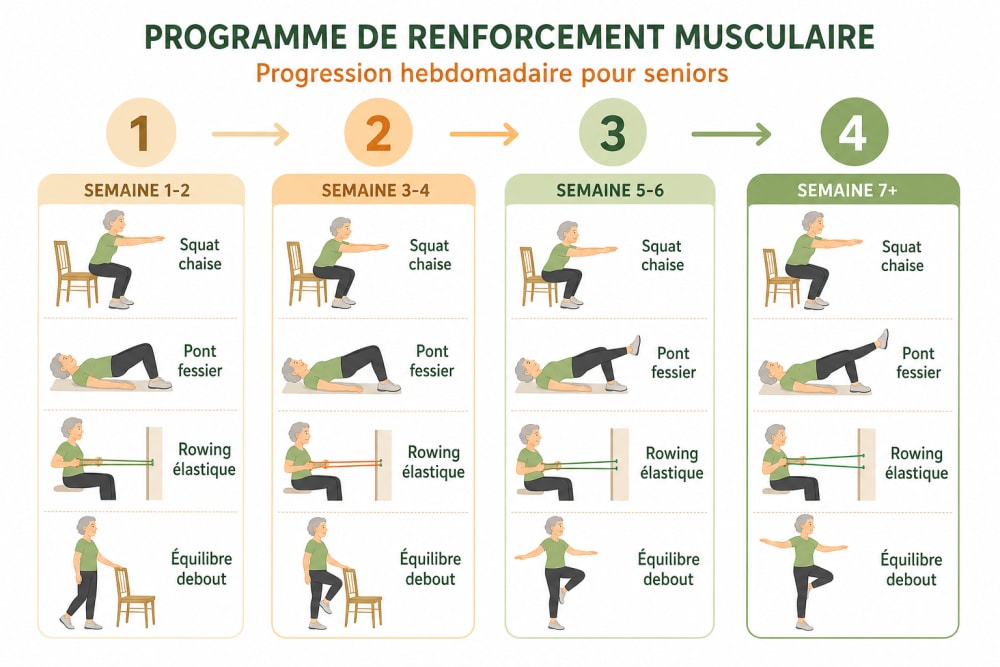 Infographie : progression hebdomadaire des exercices de renforcement musculaire contre la sarcopénie - 4 étapes clés