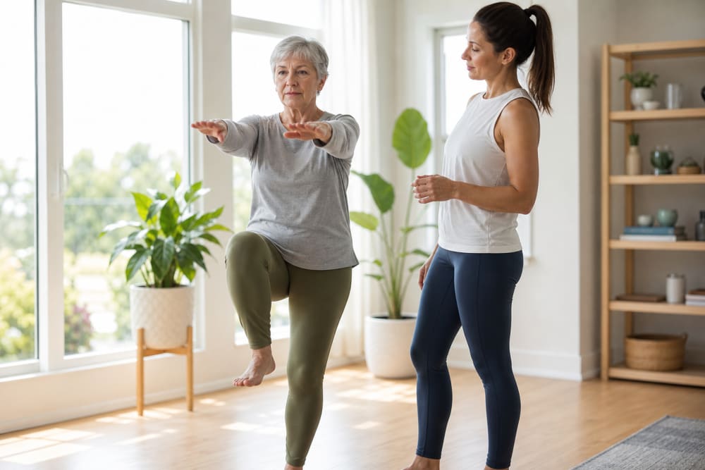Femme de 67 ans travaillant l'équilibre en se tenant sur un pied, accompagnée d'un enseignant APA à domicile