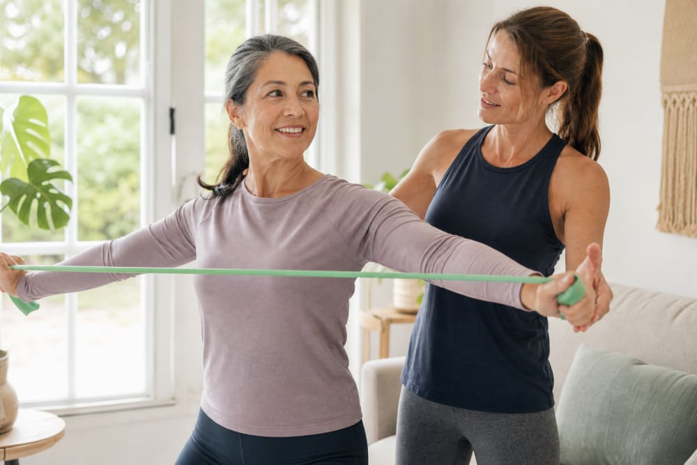 Femme de 55 ans faisant des exercices de renforcement musculaire avec un élastique, guidée par un enseignant APA à domicile