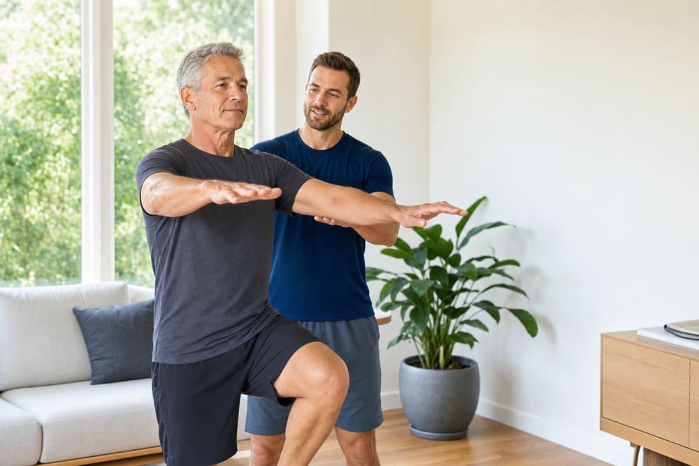 Homme de 57 ans faisant un exercice debout avec son enseignant APA dans un salon lumineux