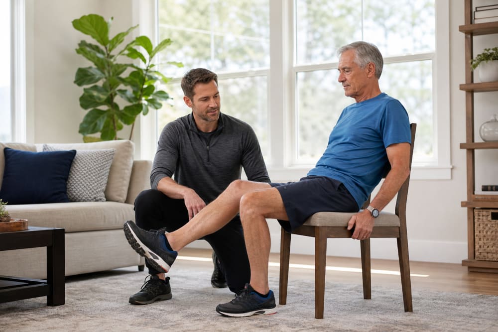Enseignant APA guidant un homme d'une soixantaine d'années dans un exercice de renforcement musculaire assis à domicile