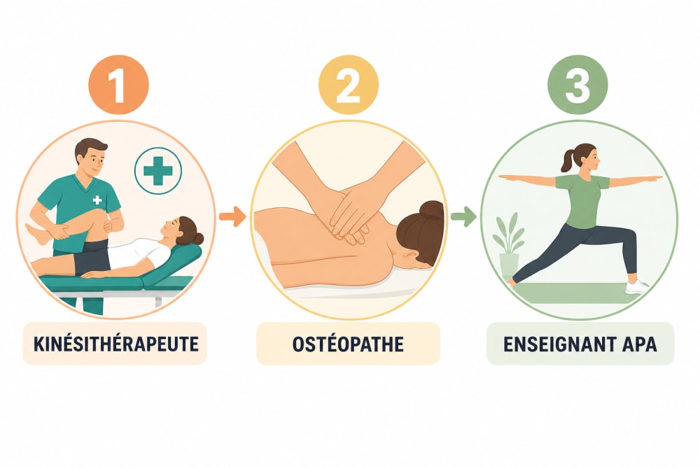 Infographie du parcours de remise en mouvement en trois étapes : kinésithérapeute, ostéopathe, enseignant APA