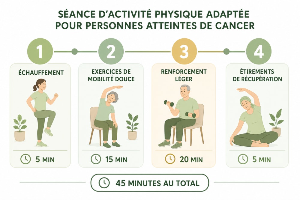 Déroulé type d'une séance d'activité physique adaptée de 45 minutes pour une personne en parcours oncologique