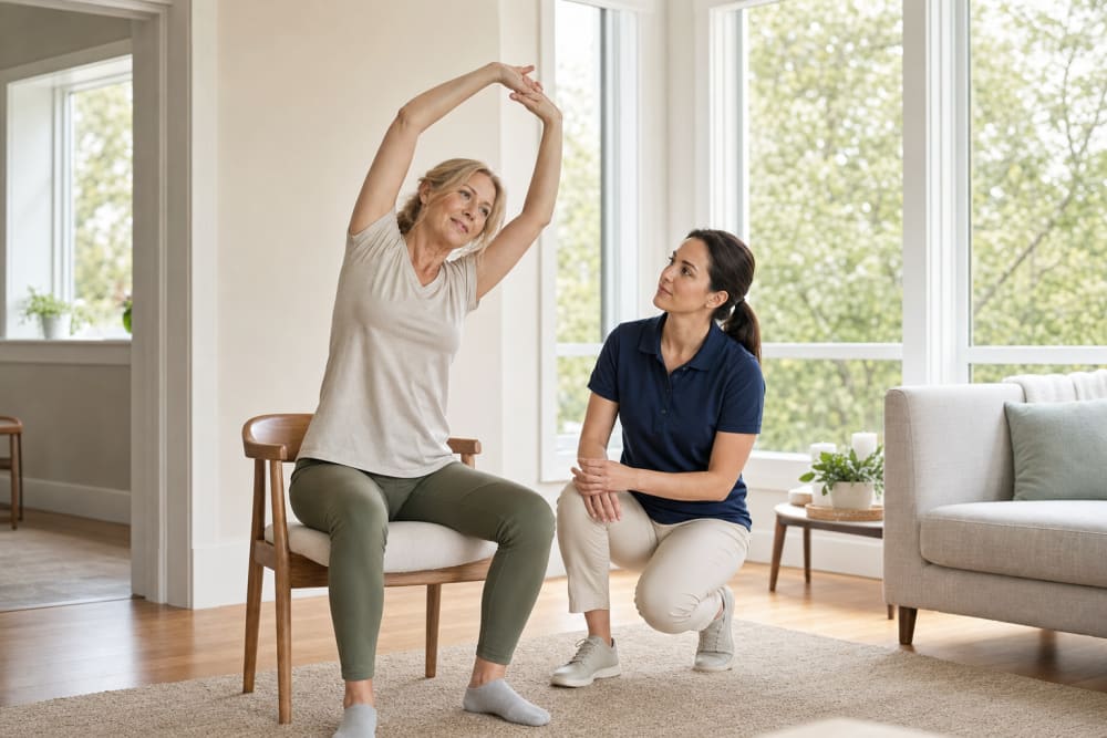 Femme d'une cinquantaine d'années réalisant des exercices doux à domicile, accompagnée par un enseignant APA
