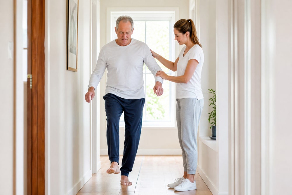 Homme de 58 ans faisant des exercices d'équilibre dans son couloir, guidé par une enseignante APA à domicile
