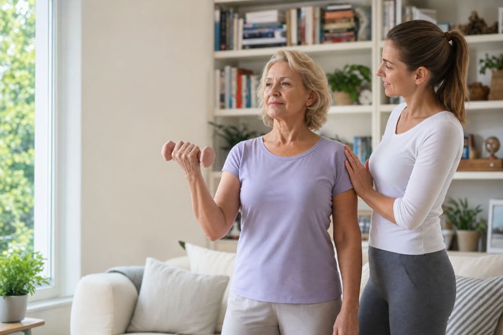 Femme de 60 ans faisant des exercices doux dans son salon, guidée par un coach sportif à domicile, lumière naturelle