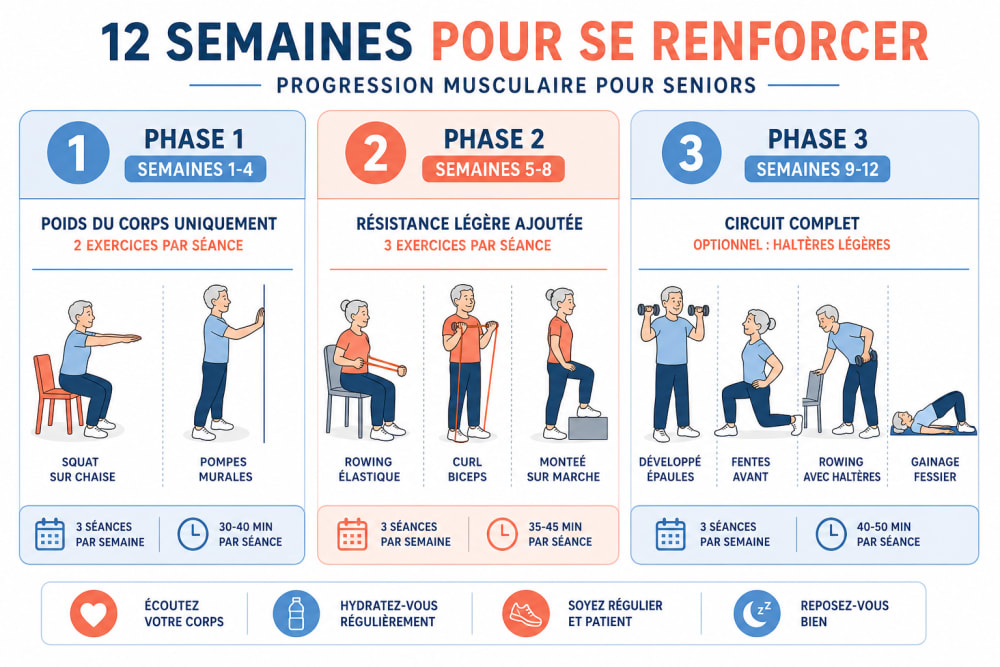 Infographie de progression sur 12 semaines d'un programme de musculation senior, découpé en trois phases