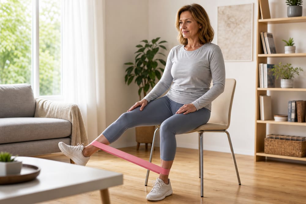 Femme d'une cinquantaine d'années effectuant un exercice de renforcement des jambes avec élastique, assise dans son salon