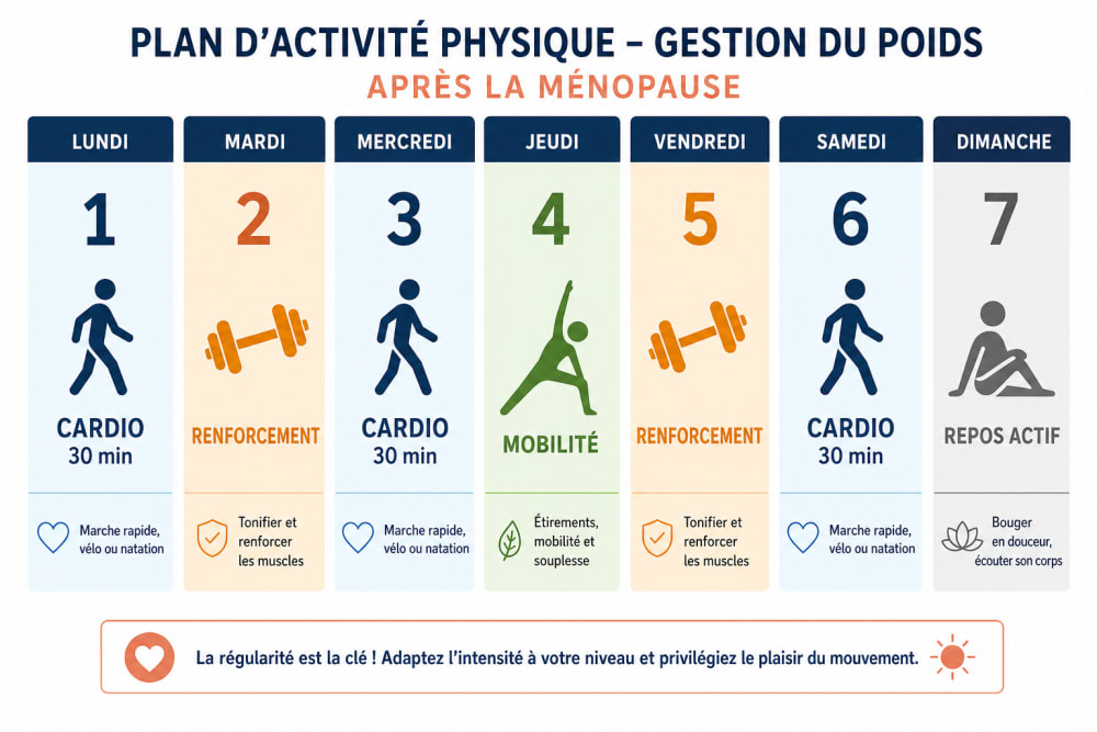 Exemple de planning hebdomadaire d'activité physique adaptée pour la ménopause : cardio, renforcement musculaire et mobilité répartis sur sept jours
