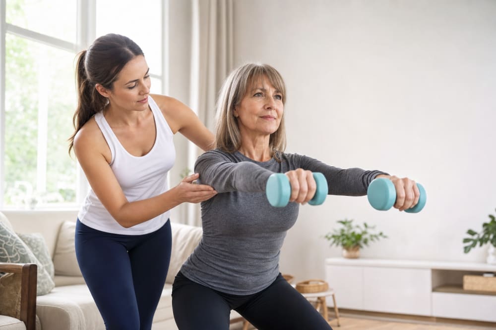 Femme d'environ 55 ans effectuant un exercice avec haltères légers dans son salon, guidée par un coach sportif à domicile