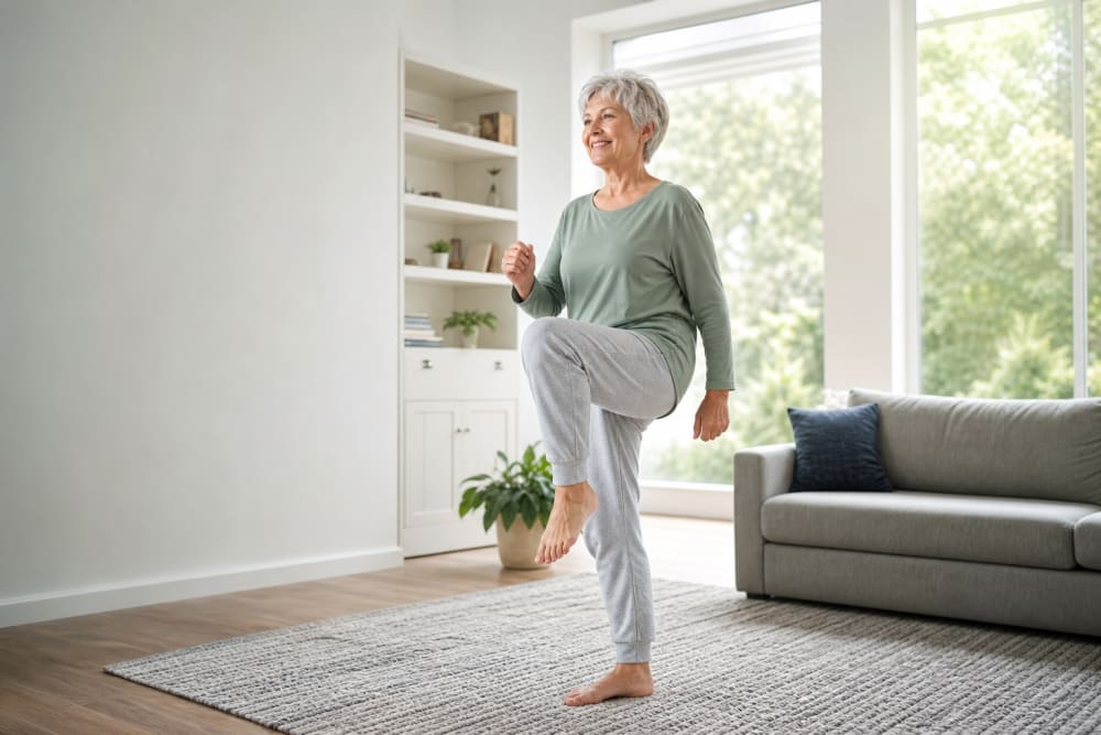 Femme d'environ 65 ans soulevant doucement le genou lors d'exercices matinaux dans son salon ensoleillé