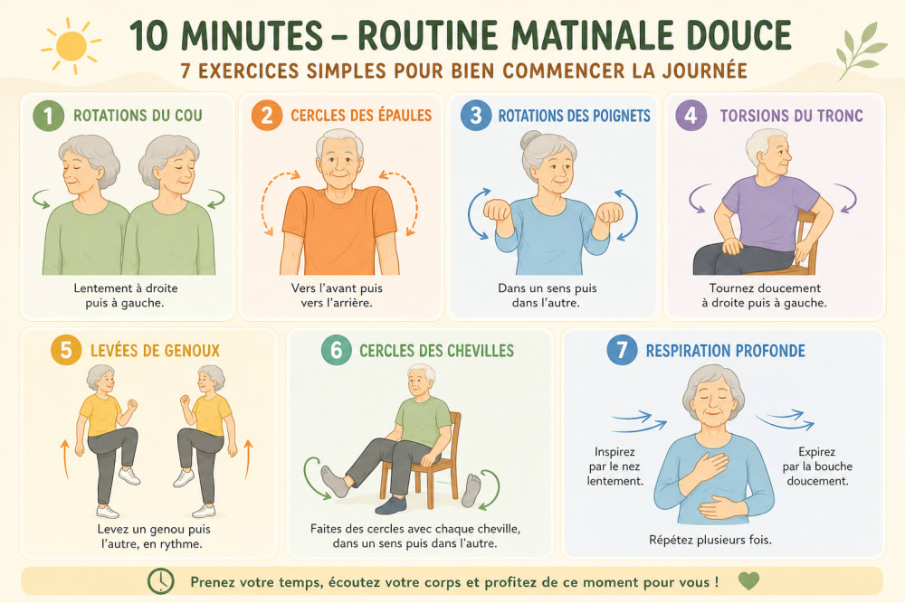 Schéma illustré des 7 étapes d'une routine de gym douce du matin en 10 minutes