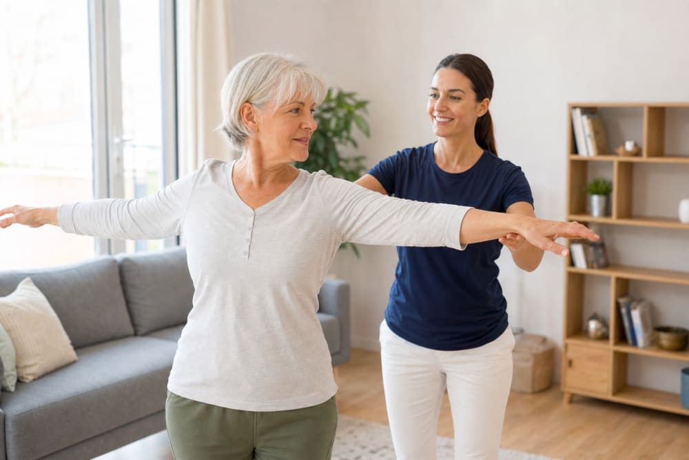 Femme de 60 ans réalisant des rotations d'épaules le matin, assise sur le bord de son lit en tenue confortable