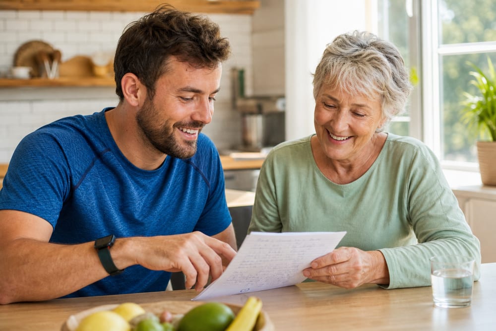 Coach APA et une femme d'une soixantaine d'années consultant un programme d'exercices sur une table de cuisine lumineuse