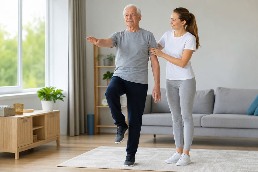 Homme d'environ 70 ans faisant un exercice d'équilibre sur une jambe, encadré par une coach dans un salon ensoleillé