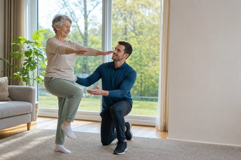 Femme d'environ 65 ans faisant un exercice d'équilibre debout encadrée par un coach sportif dans un salon lumineux