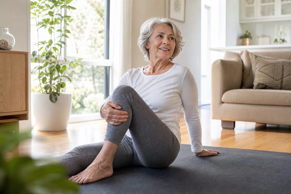 Femme senior pratiquant des étirements doux sur un tapis de yoga dans un salon lumineux