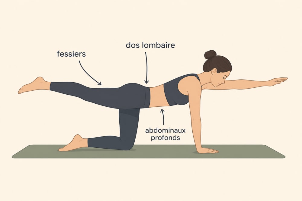 Schéma de l'exercice oiseau-chien montrant l'extension diagonale bras droit-jambe gauche et les groupes musculaires du dos sollicités