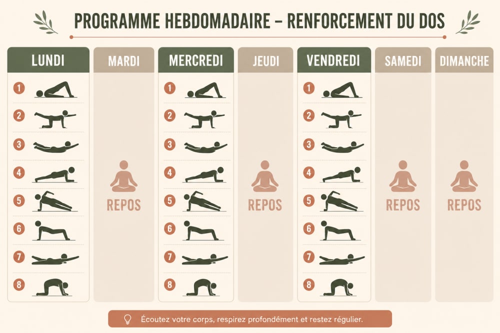 Planning hebdomadaire de 7 jours avec trois séances de renforcement du dos le lundi, mercredi et vendredi et quatre jours de récupération
