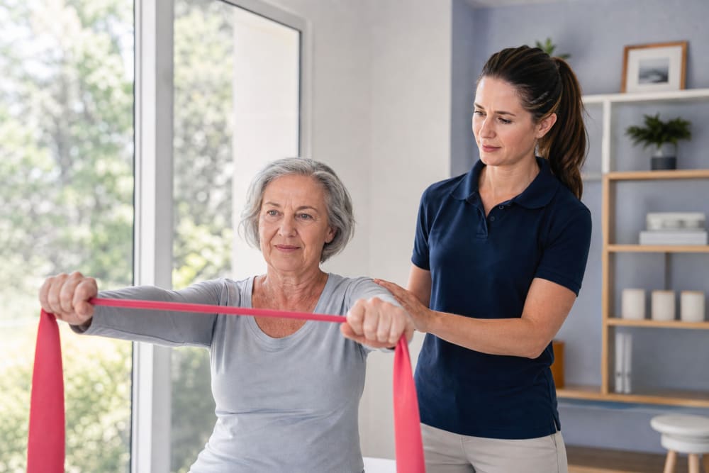 Une femme effectue des exercices de renforcement de l'épaule avec un élastique à domicile, accompagnée par un professionnel de l'APA.