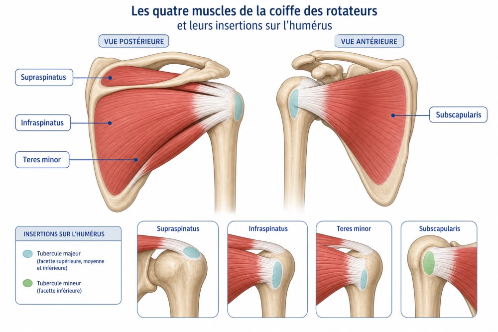 Schéma anatomique simplifié des quatre muscles et tendons de la coiffe des rotateurs et leurs insertions sur l'humérus.