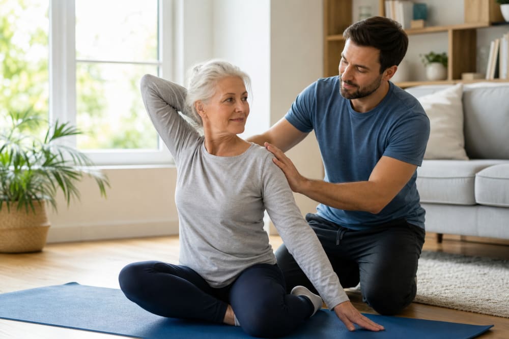 Femme de 60 ans faisant des exercices doux de mobilité du dos accompagnée par un coach à domicile dans son salon