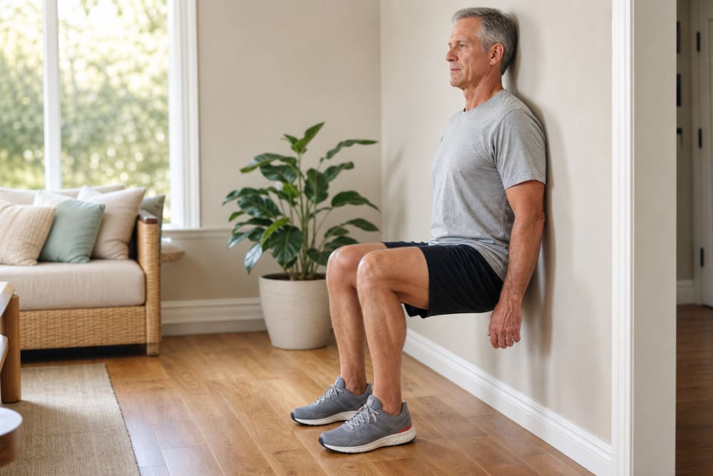 Homme d'une soixantaine d'années en position de chaise romaine contre un mur clair, genoux fléchis à 90 degrés, dans un salon à la lumière naturelle.