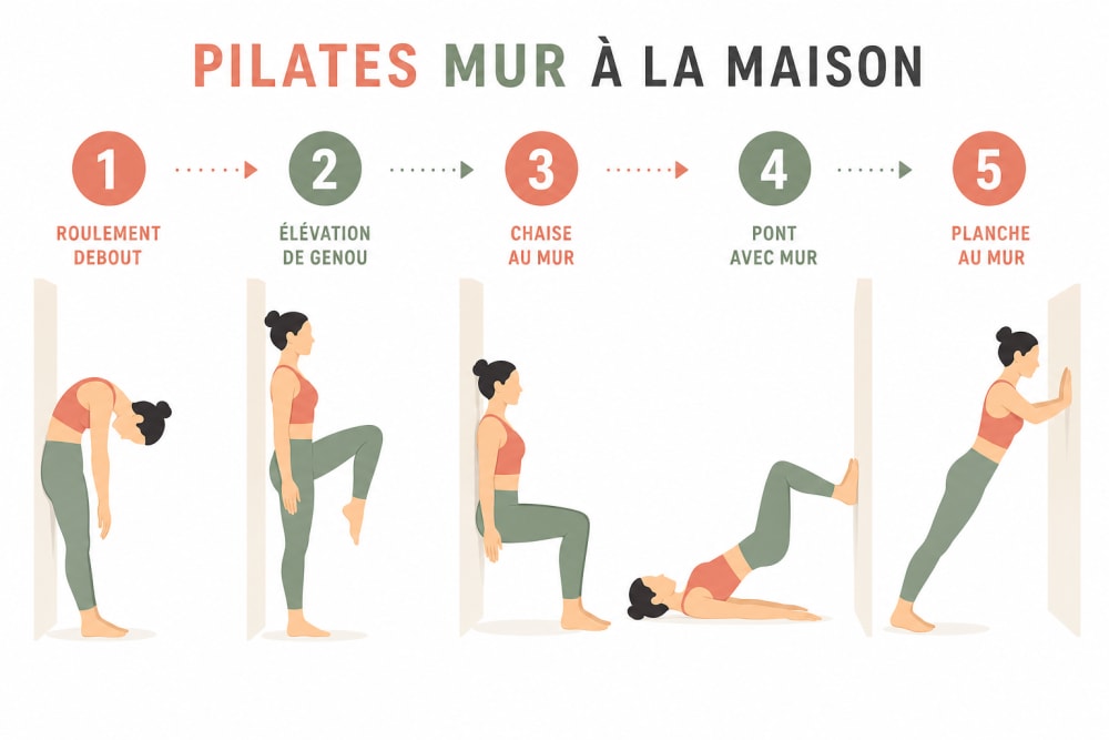 Infographie en 5 étapes illustrant le déroulé d'une séance de Pilates au mur : déroulé vertébral, relevé de genou, chaise romaine, pont fessier, planche au mur.