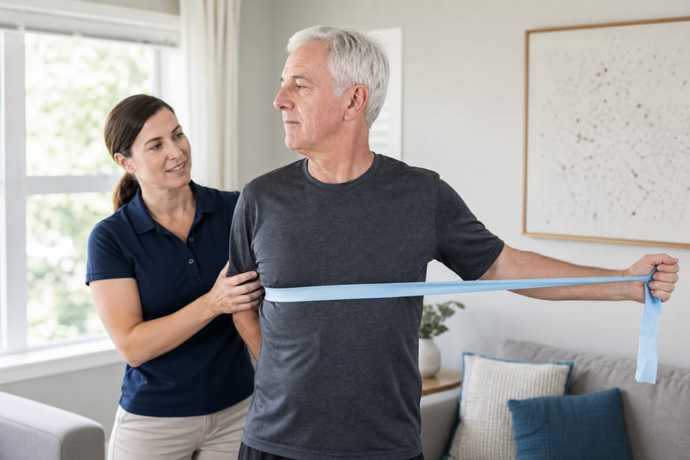 Coach APA guidant un exercice de rotation d'épaule avec élastique lors d'une séance à domicile