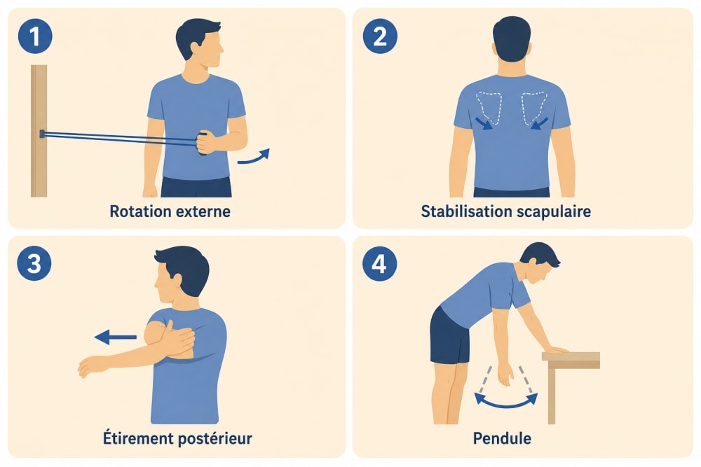 Schéma en quatre étapes illustrant des exercices de rééducation pour la coiffe des rotateurs : rotation externe, stabilisation de l'omoplate, étirement capsulaire et balancement du bras