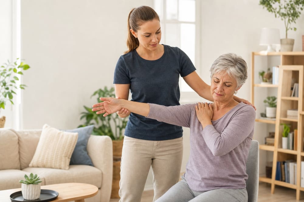 Femme de 65 ans tenant son épaule douloureuse, assistée par un coach à domicile dans un salon lumineux