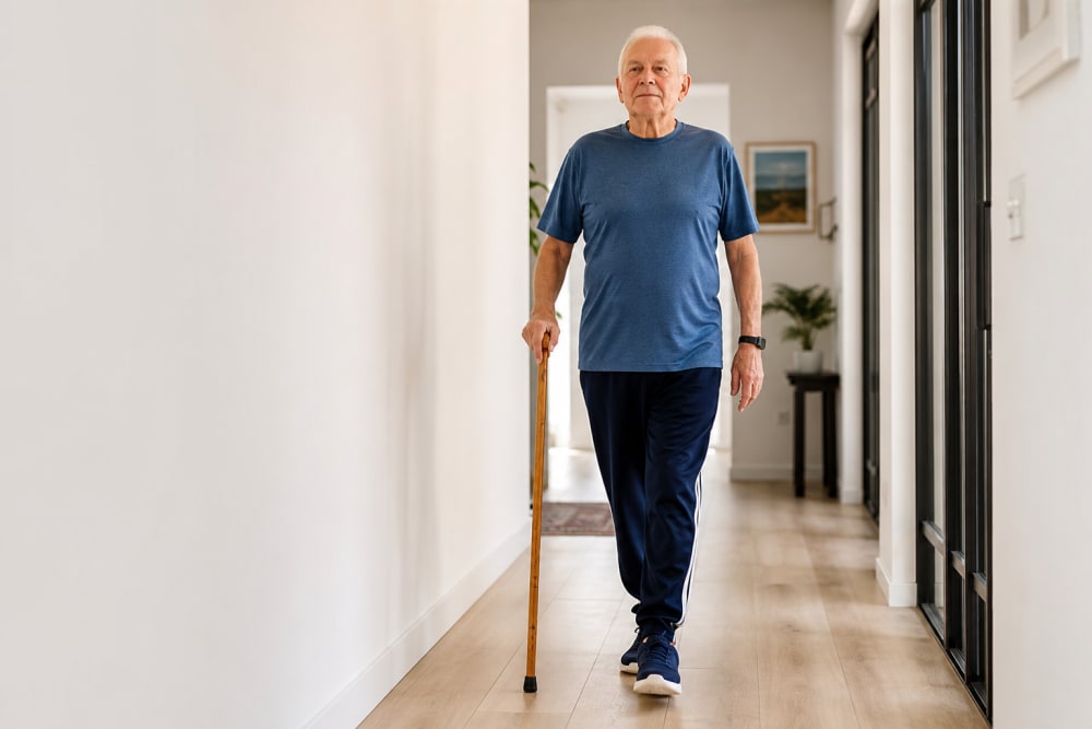 Senior réalisant une marche en tandem dans un couloir lumineux, bâton de marche tenu verticalement sur le côté pour l'équilibre