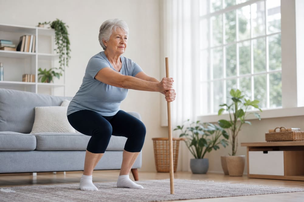 Senior effectuant un mini-squat avec appui sur un bâton en bois dans un salon ensoleillé, genoux alignés sur les orteils