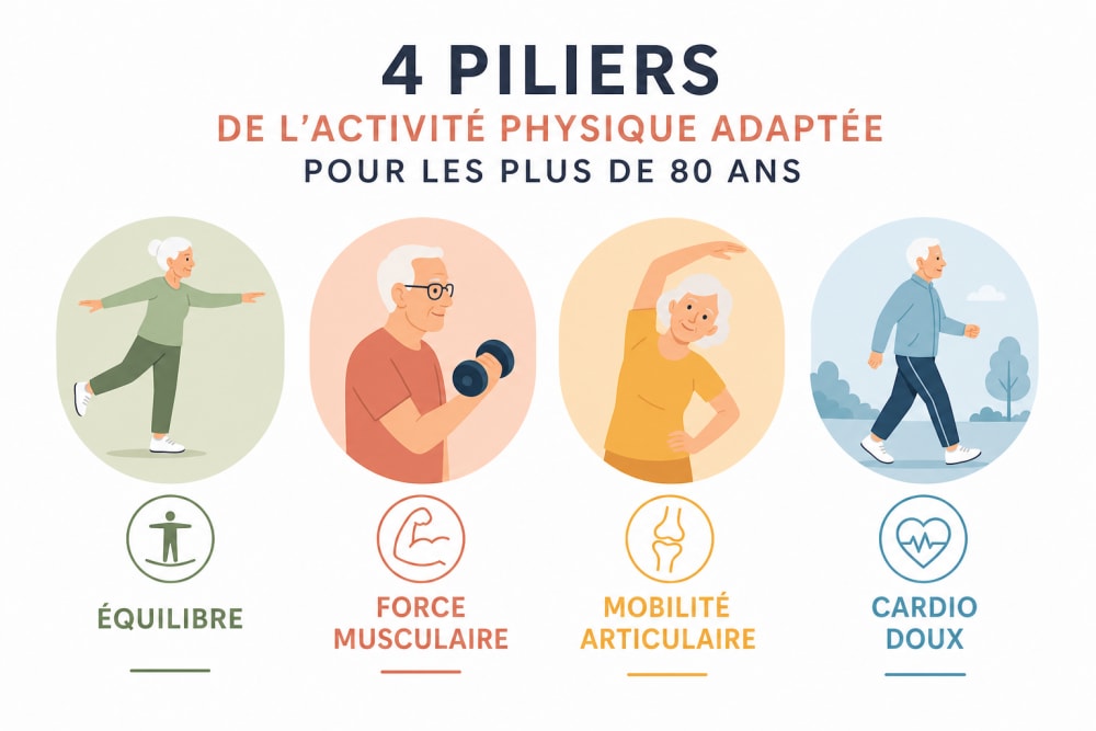 Infographie des 4 piliers de l'activité physique après 80 ans : équilibre, force musculaire, mobilité articulaire et cardio doux